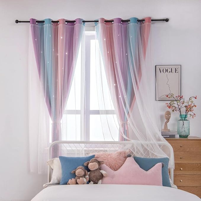 FANLI Ombre Rainbow Blackout Curtains for Kid Girls Bedroom Living Room Darking Stripe Double Layer Star Cut Out Wall Home Decor Gradient Grommet Window Curtains (Pink Purple, 52W x 84L)