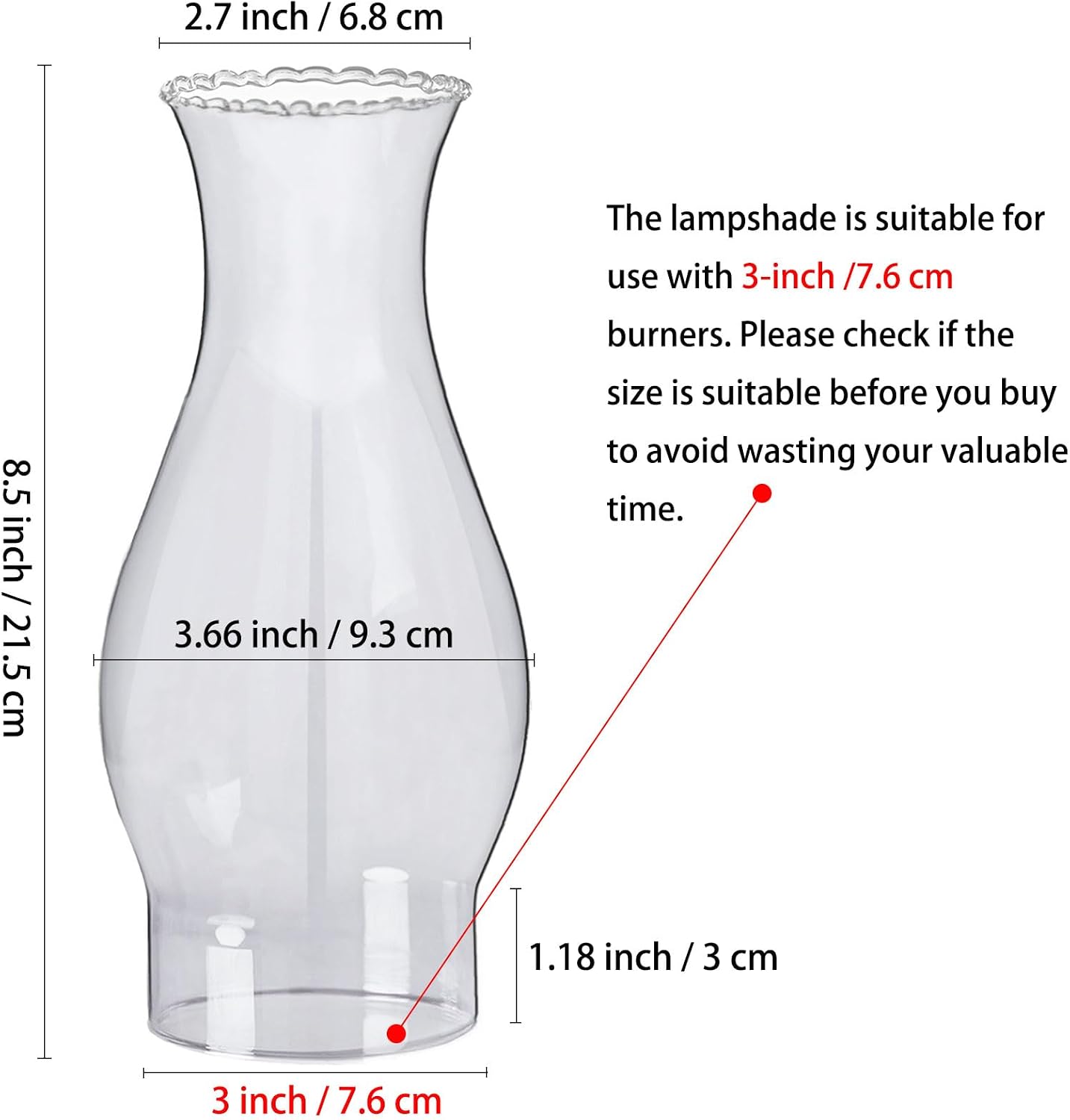 Oil Lamp Chimney 3 Inch Base by 8 1/2 Inch Height Kerosene Lamp Shade Tall Hurricane Lamp Glass Replacement Crimped Top Chimney for Oil and Kerosene Style Lamps