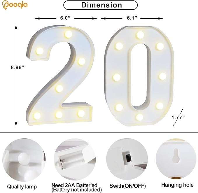 Pooqla 20th Birthday Decorations for Her Him, Light Up Number 20 for Party Table Decorations, 20th Birthday Gift for Women Men, Backdrop Wall Decor for 20th Wedding Anniversary Decoration