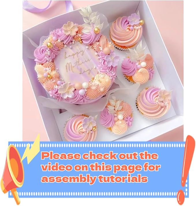 Bento Cake and Cupcake Box 2-in-1 4-inch Cake and 5 Cupcakes Box 5 Sets with One Wide Roll of Ribbon for Family Dinner Birthday Party Picnic Gift (faskdfh)