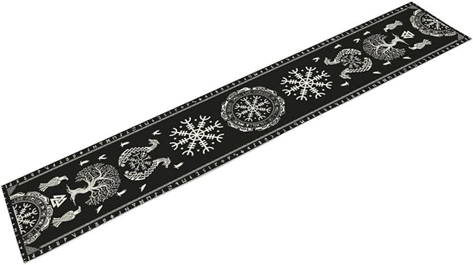 Ancient Abstract Pattern Table Runner, Tree of Life Eagle Dragon Boat Rudder Black and White Table Runner 13x70 Inch