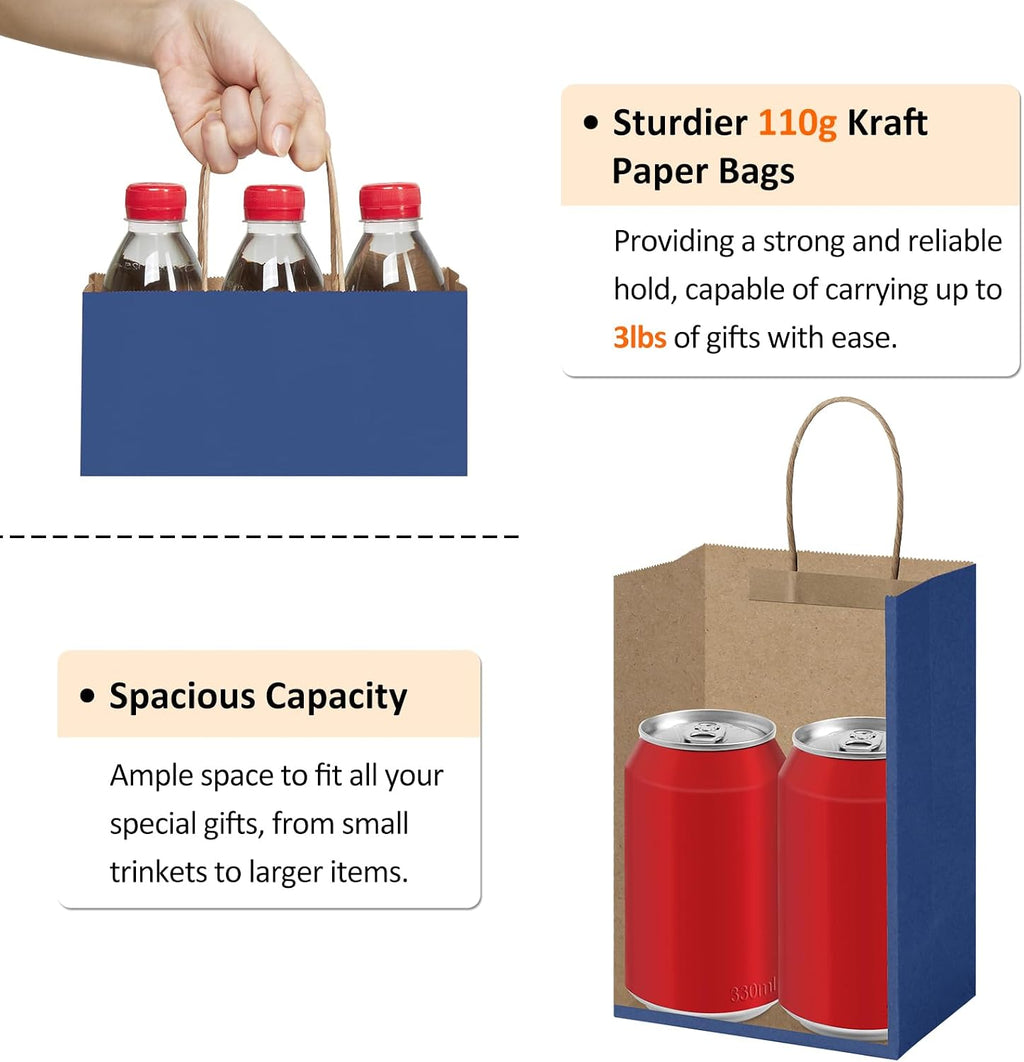 BagDream Kraft Paper Bags 100Pcs 5.25x3x8 Inches Small Paper Gift Bags with Handles Wedding Party Favor Bags Shopping Retail Merchandise Bags Navy Blue Gift Bags Paper Sacks Bulk