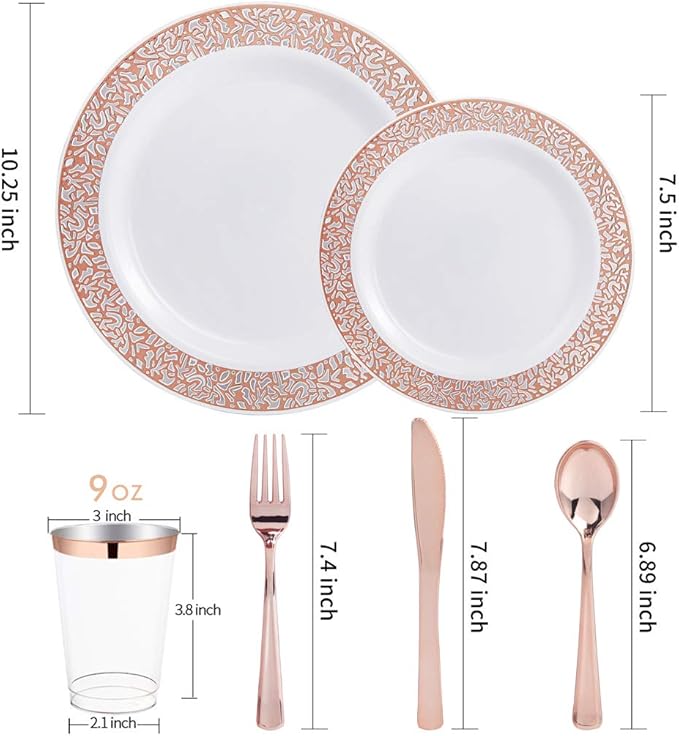 WELLIFE 175 Pieces Rose Gold Plastic Dinnerware,Rose Gold Dinnerware Set Include: 25 Dinner Plates 10.25", 25 Salad Plates 7.5", 25 Cups, 50 Forks, 25 Knives and 25 Spoons for Party