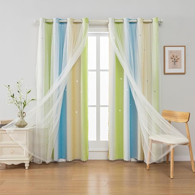 FANLI Ombre Rainbow Blackout Curtains for Kid Girls Bedroom Living Room Darking Stripe Double Layer Star Cut Out Wall Home Decor Gradient Grommet Window Curtains （Blue Green 52Wx72L）