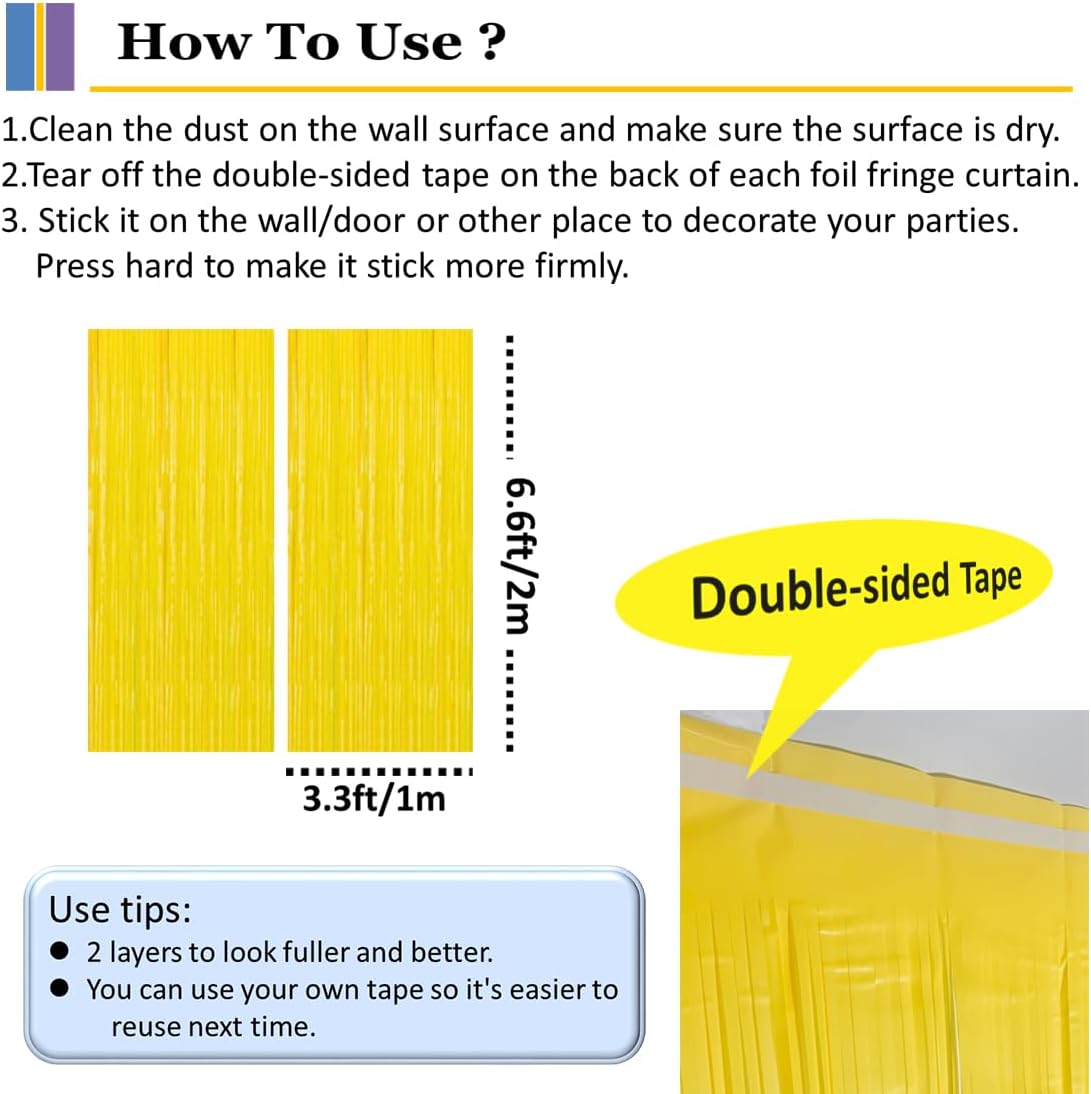 2PC Yellow Backdrop Curtain for Birthday Party Decorations, Yellow Streamers Fringe Backdrop Birthday Decorations, Foil Fringe Curtains Party Decorations