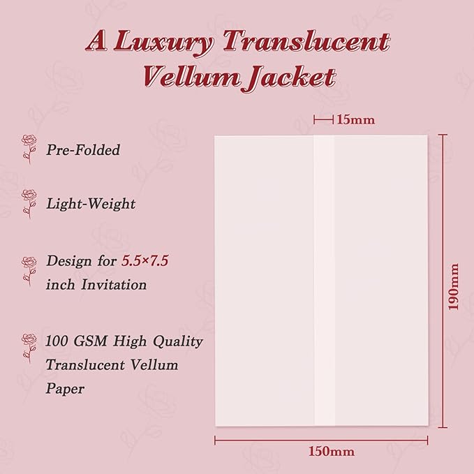 60 Pack Pre-Folded Vellum Jackets for 5.5x7.5 Invitations, Translucent Vellum Paper 5.5x7.5 Jackets, 100GSM Wedding Invitations Wraps, Envelope Liners for Birthdays, Baby Showers