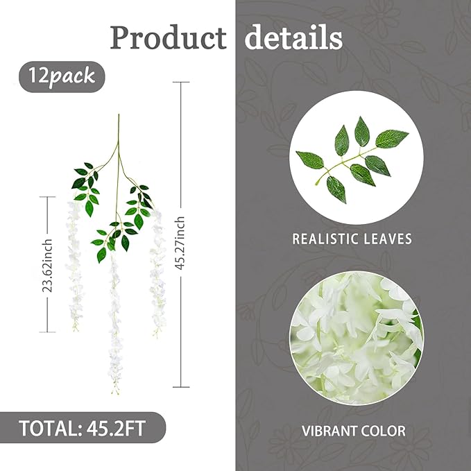 12 Pack White Wisteria Hanging Flowers Garland, 3.77 Feet Artificial Flower Vines, Fake Wisteria, Artificial Vines Hanging Garland for Backdrop Outdoor Yard Garden Decor