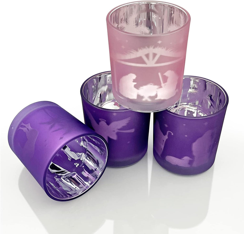 Advent Candle Holder Set of 4, Christian Decoration Votive Candle Holders, Glass Tealight Holders for Christmas Table Centerpieces Nativity Decorations, Purple & Pink