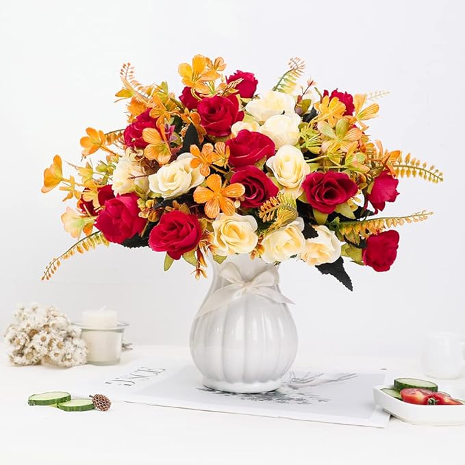 LESING Artificial Fake Flowers with Vase Silk Artificial Roses Wedding Flowers Bouquets Home Office Party Meeting Room Decoration (Red-1)