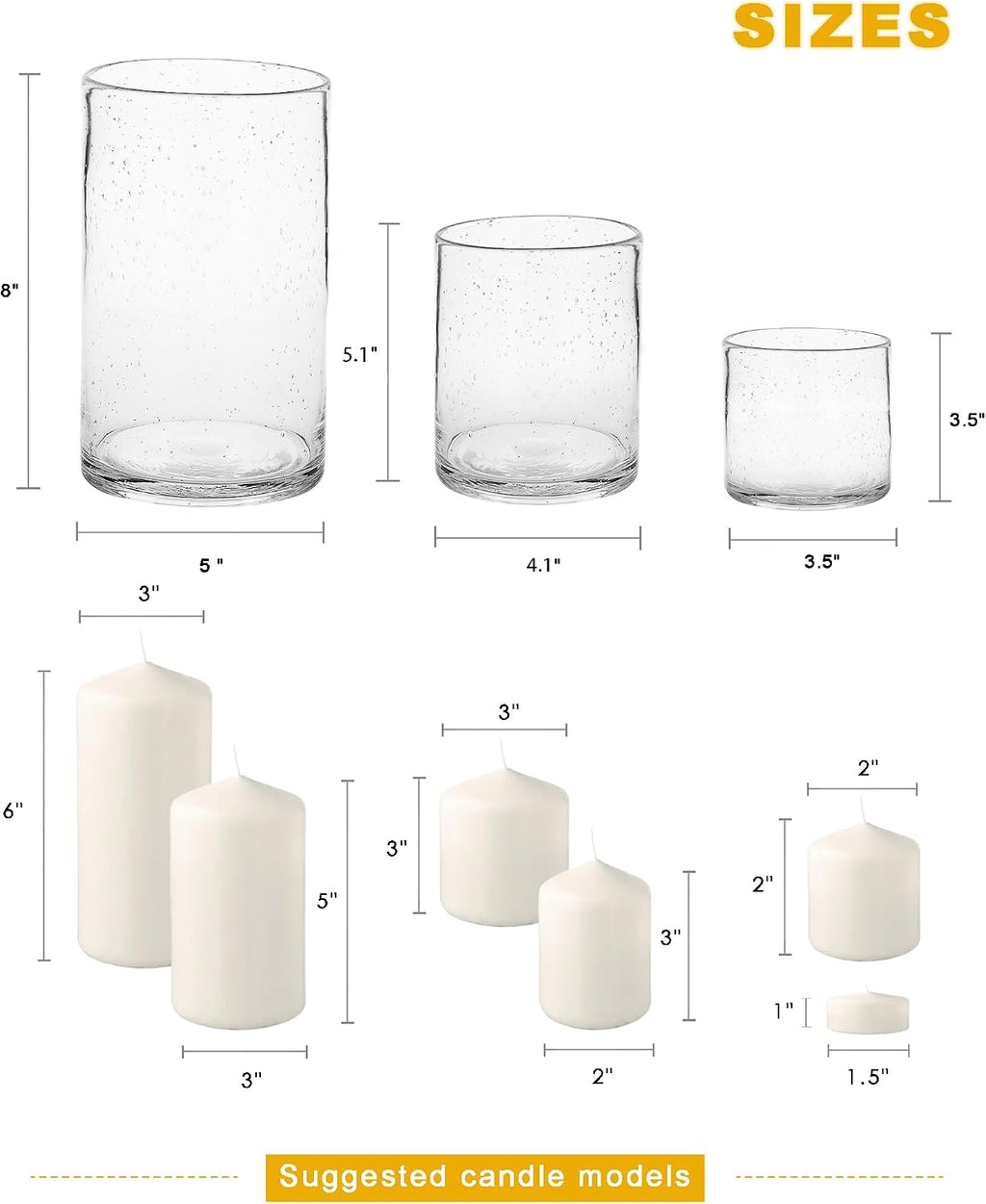 Glass Candle Holders Set, 3 Sizes 8" 5" 3.5" Height | Hurricane Vase Centerpieces, Clear Seeded Bubbles Cylinder For Pillar Votive Flower