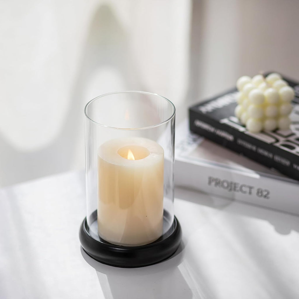 Sziqiqi Black Hurricane Candle Holder - Clear Glass Pillar Candle Holder Cylinder Lantern with Metal Tray for Mantel Fireplace Coffee Dining Table Decorative Table Centerpieces for Christmas Wedding