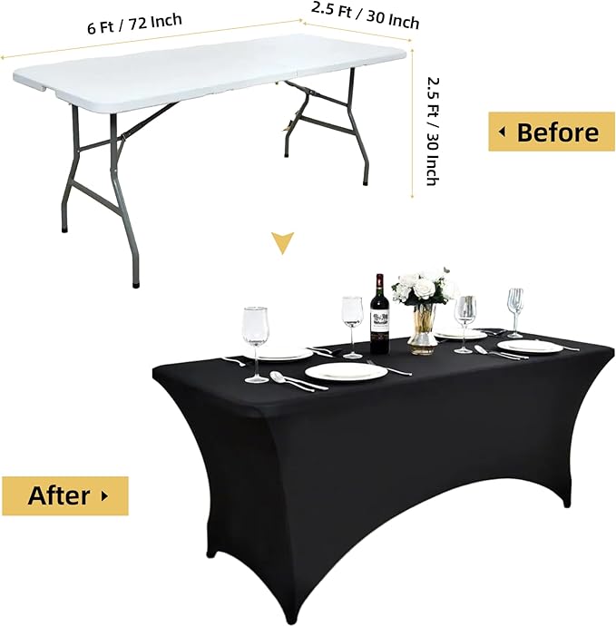 10-Pack 6ft Black Spandex Table Covers for Rectangle Standard Folding Tables - Wrinkle Resistant Stretch Tablecloths - Ultimate Fitted Table Protector for Parties, Banquet, Wedding