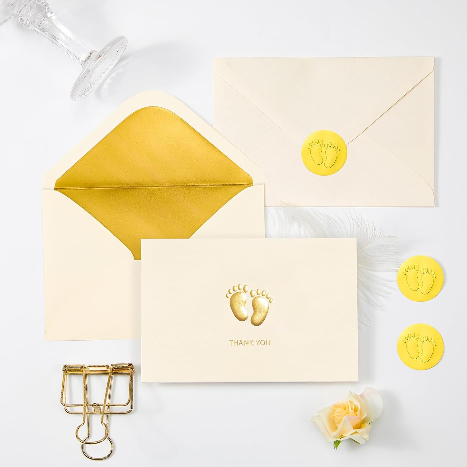 Crisky Embossed Footprint Baby Shower Thank You Cards 50-Pack 4x6 Inch - Heavy 300gsm Cardstock with Gold Foil Envelopes & Stickers for Baby Shower/Birthday