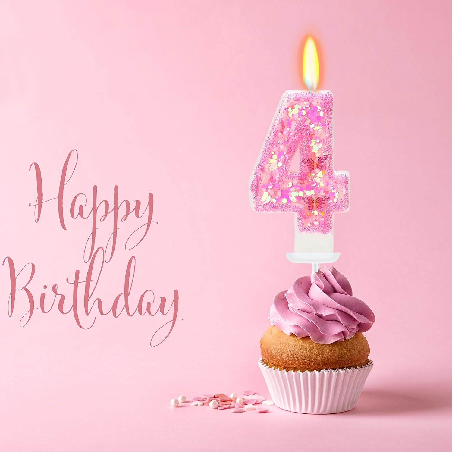 Pink Birthday Candles - Number 4 Candle for Birthday Girl, Butterfly Number Candles for Princess Theme Party Supplies