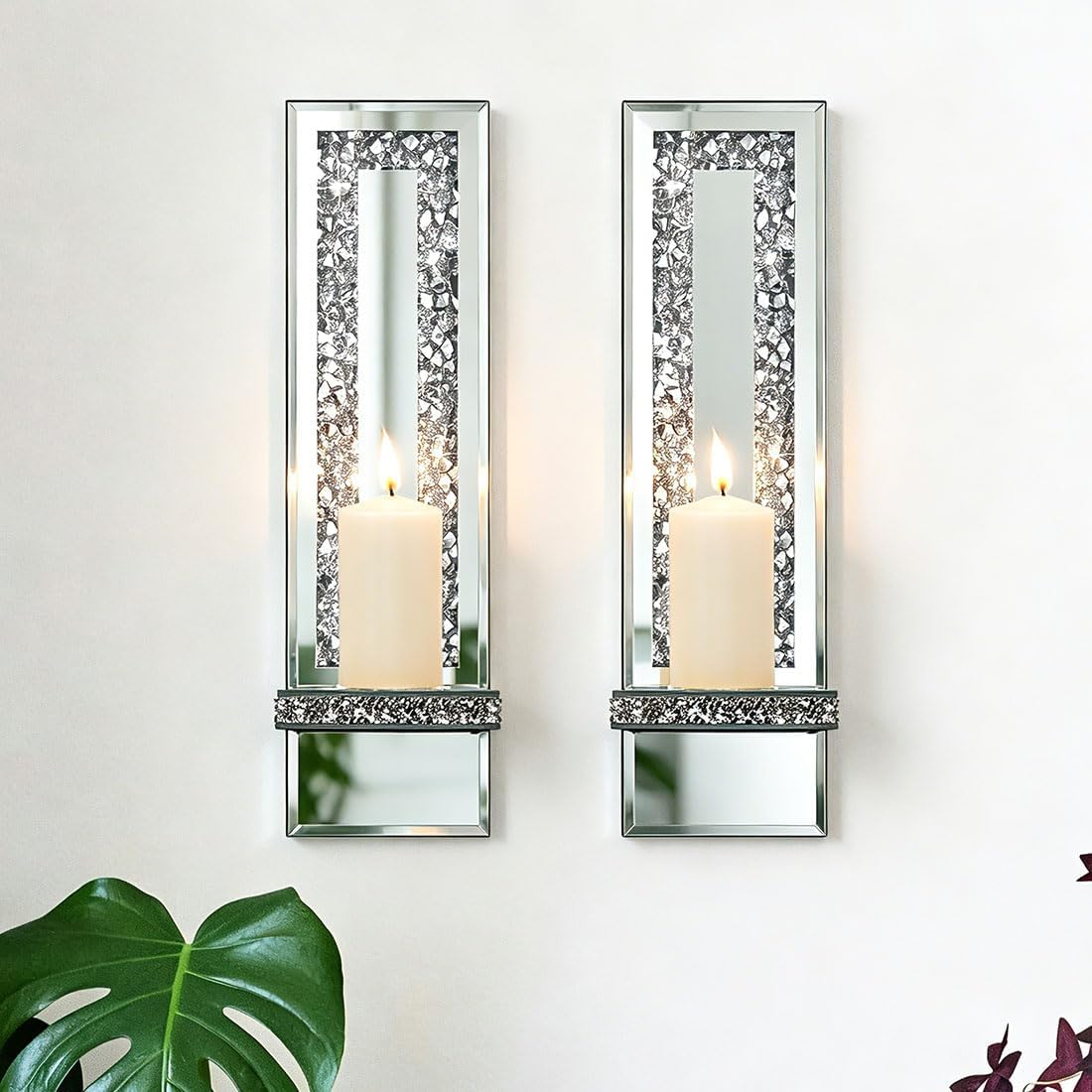 Pibeyer Mirrored Candle Sconces with Acrylic Diamond, Crushed Diamond Wall Candle Holders, Home Decor