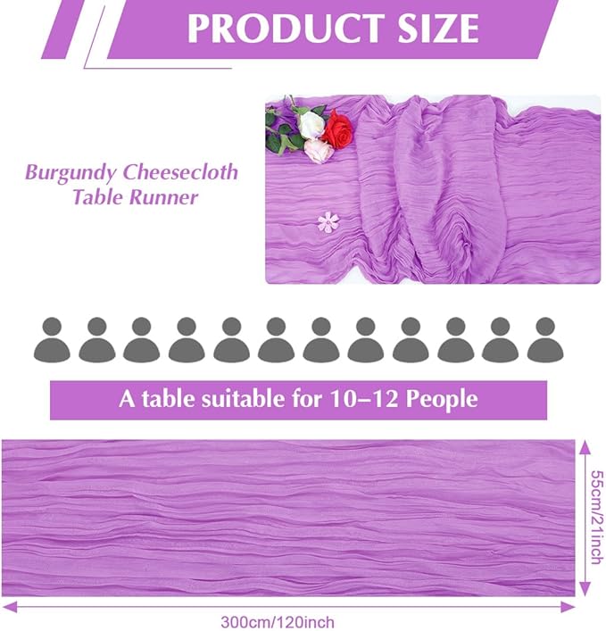 Light Purple Cheesecloth Table Runner -21*120Inch Long Boho Wedding Table Decor, Rustic Gauze Fabric Runner for Bridal Showers, Baby Showers & Parties (Sheer, Lightweight, Wrinkled Design)