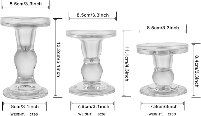 3-Piece Set of Glass Candlestick, Crystal Candlestick Holder Holder and Conical Candle, Christmas Candle Holder Decoration, Family Living Room Wedding Candle Holder (Clear)
