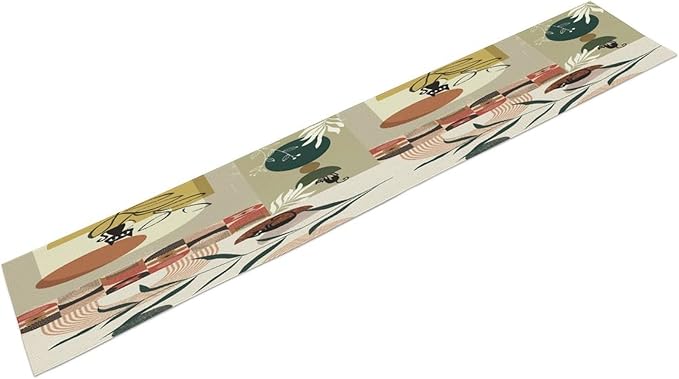 Mid Century Table Runner,Abstract Boho Plant Leaf Botanical Cat Modern Geometric Pattern Print Burlap for Hotel Indoors Outdoor Dining Room Kitchen Home Decor, 13x108in