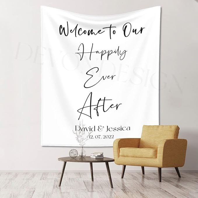 Welcome to Our Happily Ever After Backdrop - Custom Tapestry With Names and Date, Rustic Wedding Sign, Personalized Calligraphy Banner for Ceremony, Arch, Reception