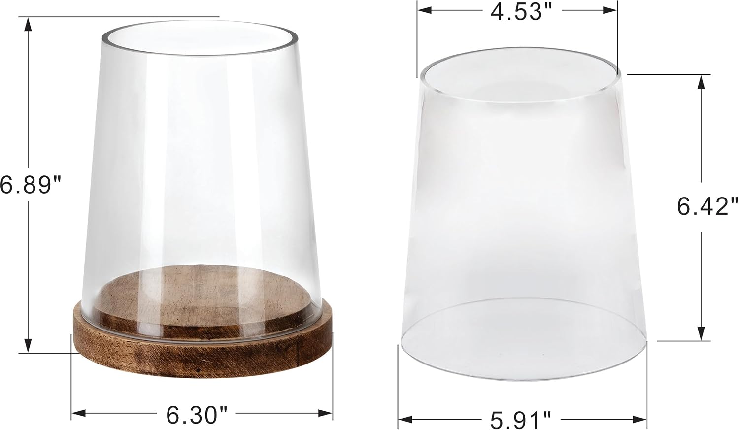6" Wide Glass Hurricane Candle Holders with Handmade Sturdy Glass Sleeves and Vintage Natural Wood Base for Pillar Candle & Plants, Industrial, Farmhouse, Display Cloche Bell Jars, Table Centerpiece