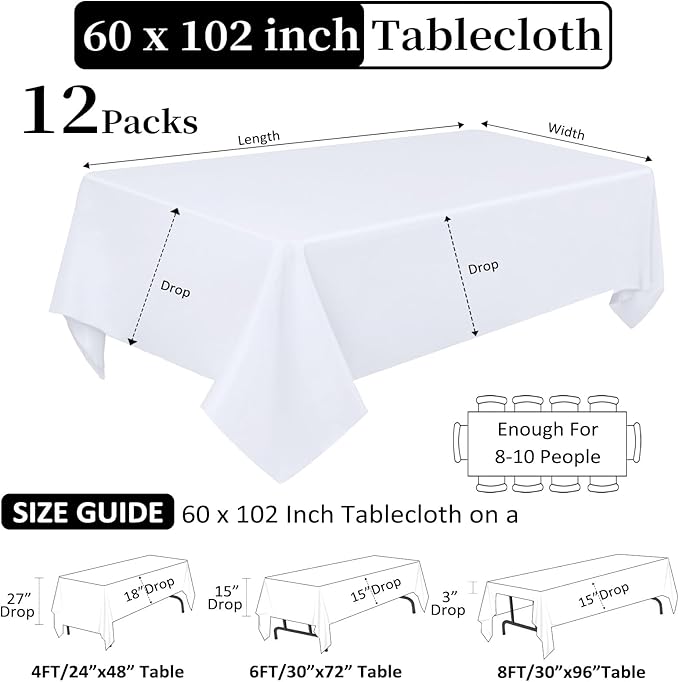 12 Pack White Table Cloth 60 x 102 Inch Rectangular Tablecloths for 6 Foot Rectangle Tables, Wrinkle Resistant White Tablecloth Washable Polyester Fabric Table Covers for Buffet Wedding Party Banquet