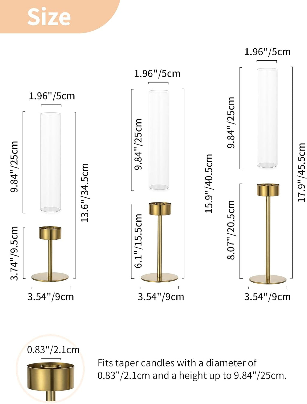 NUPTIO Hurricane Candle Holder for Centerpiece: Set of 6 Gold Taper Candle Holders Bulk - Tall Brass Candlestick Holders with Cylinder Shape Cover for Dinner Table Christmas Decor