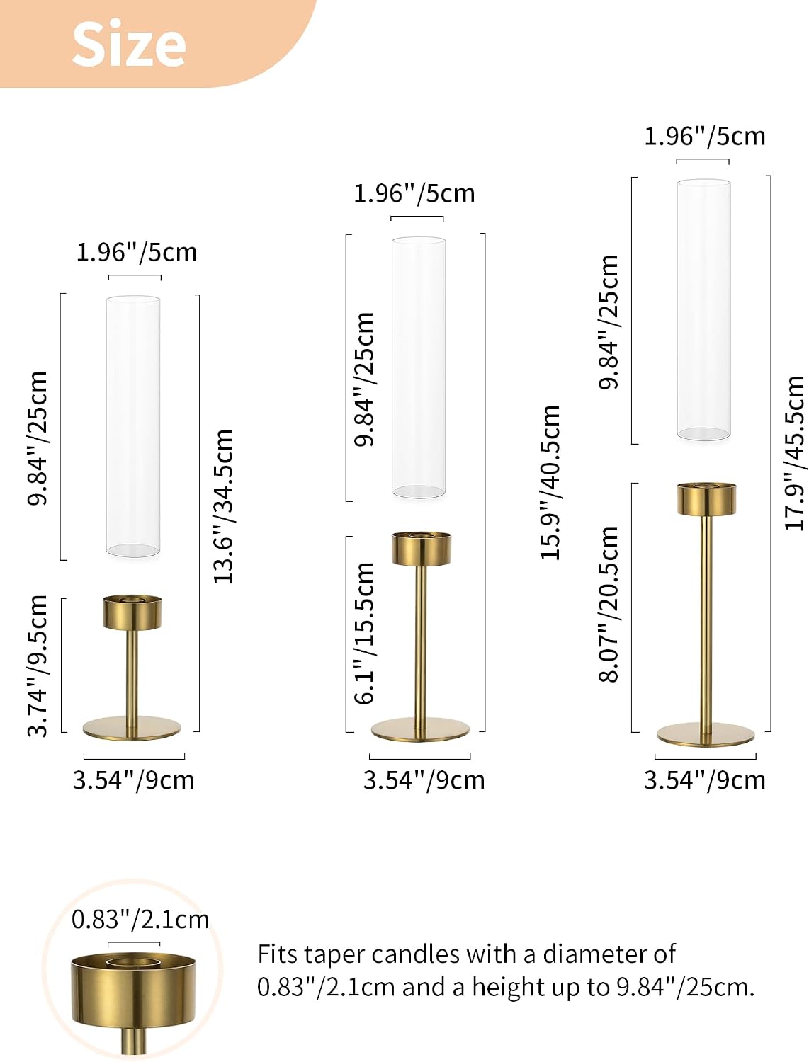 NUPTIO Hurricane Candle Holder for Centerpiece: Set of 6 Gold Taper Candle Holders Bulk - Tall Brass Candlestick Holders with Cylinder Shape Cover for Dinner Table Christmas Decor