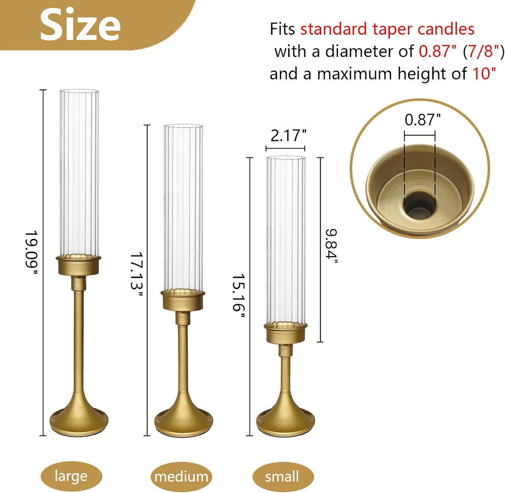 Gold Hurricane Candle Holders - Brass Candlestick Holders Set of 3 Tall Taper Candlesticks Fluted Glass Candle Stick Holder Decor for Wedding Party Christmas Mantel Dining Table Centerpieces