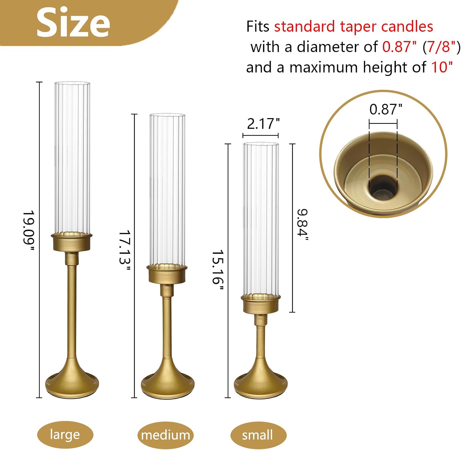 Gold Hurricane Candle Holders - Brass Candlestick Holders Set of 3 Tall Taper Candlesticks Fluted Glass Candle Stick Holder Decor for Wedding Party Christmas Mantel Dining Table Centerpieces