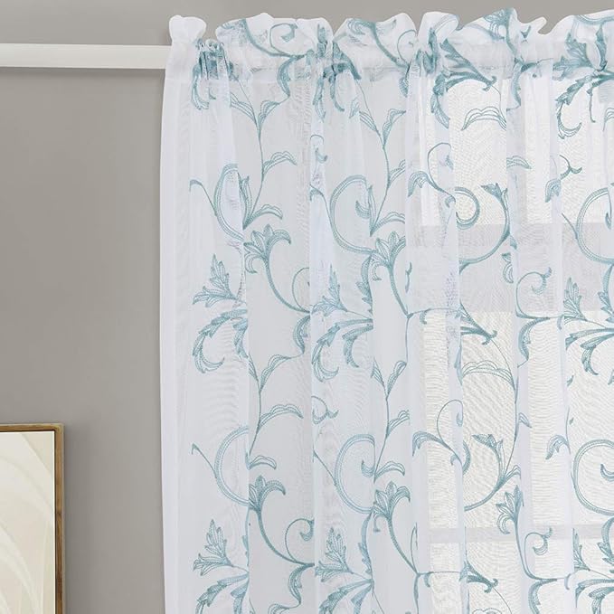 Embroidery Blue Sheer Curtains 84 Inches Long, Rod Pocket Sheer Drapes for Living room, Bedroom, 2 Panels, 52"x84", Vintage Semi Crinkle Voile Window Treatments for Yard, Patio, Villa, Parlor.