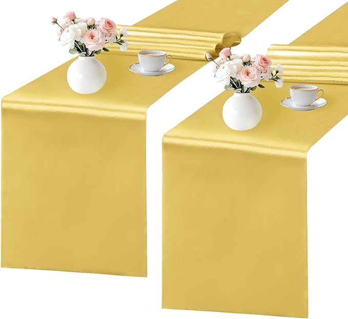 SHEJIZE 2 Pack Light Gold Satin Table Runner 12x108 Inches Long, Bright Silky Smooth Satin Table Runner Table Decor for Wedding Banquet Christmas Prom Event Birthday Party