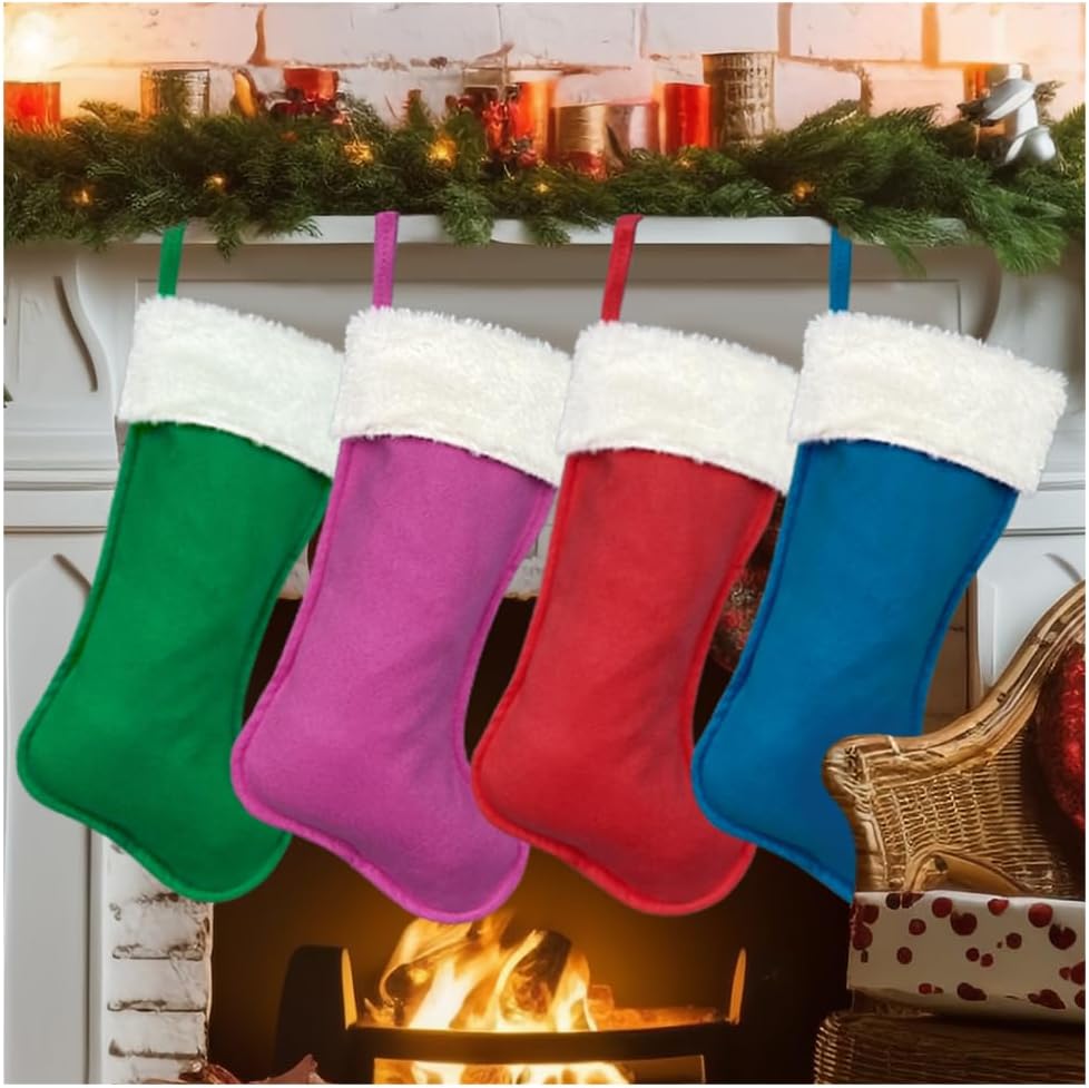 4Pack Christmas Stockings 20 Inch Large Family Christmas Stocking Decor Christmas Tree Fireplace Traditional Xmas Stocking with Super Soft Plush Cuff Décor Merry Ornaments