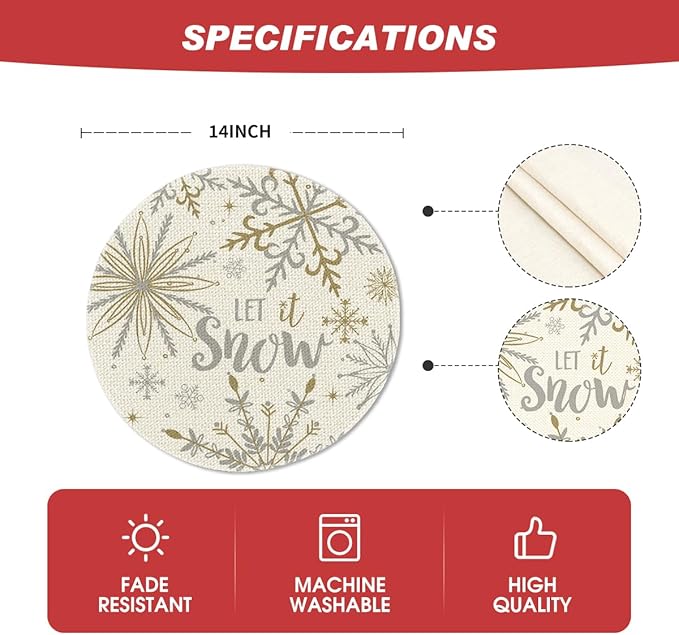 Artoid Mode Beige Snowflake Let It Snow Winter Placemats Set of 8, 14 Inch Seasonal Christmas Xmas Round Table Mats for Dining Decoration