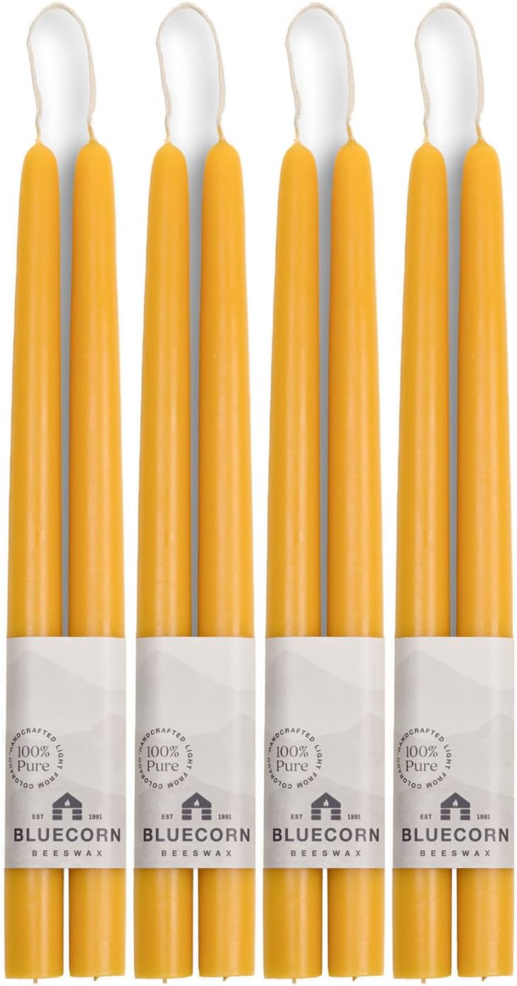 Bluecorn Beeswax Taper Candles, 100% Pure Natural Bees Wax, Pair of 12 Inch Yellow Tapered Candlesticks, Clean Burning & Dripless, Fragrance Free, Long Lasting, Home Decor, American Made, 8 Pack