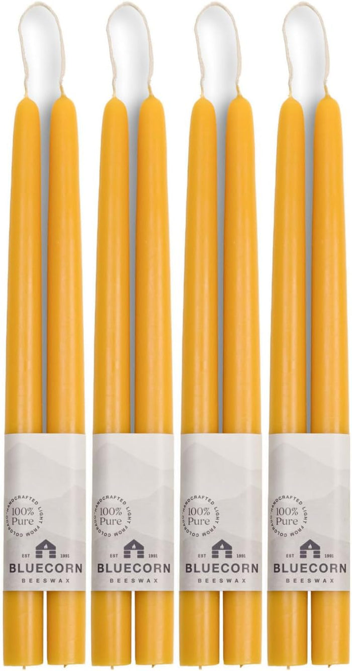 Bluecorn Beeswax Taper Candles, 100% Pure Natural Bees Wax, Pair of 12 Inch Yellow Tapered Candlesticks, Clean Burning & Dripless, Fragrance Free, Long Lasting, Home Decor, American Made, 8 Pack