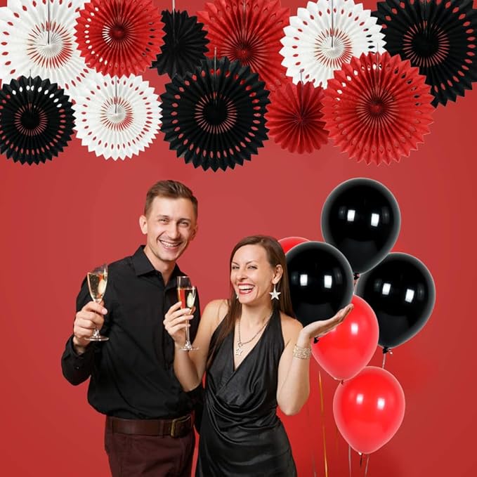 BEISHIDA Red Black White Hanging Honeycomb Round Paper Fans Decoration Tissue Paper Fan Garland for Birthday Christmas Wedding Party Supplies（11packs）