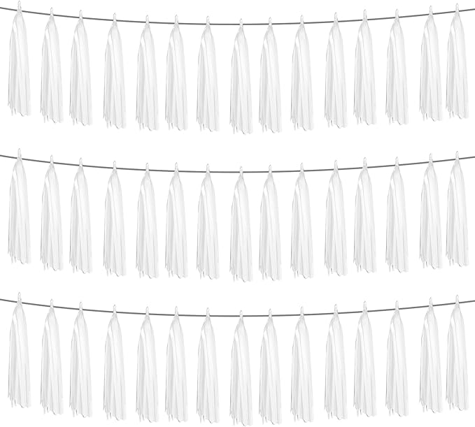 3P White Foil Fringe Metallic Tassel Streamers Banner Tassel Garland for Parade Floats, Graduation, Wedding, Birthday, Halloween, Christmas, Bridal/Baby Shower Party Decorations