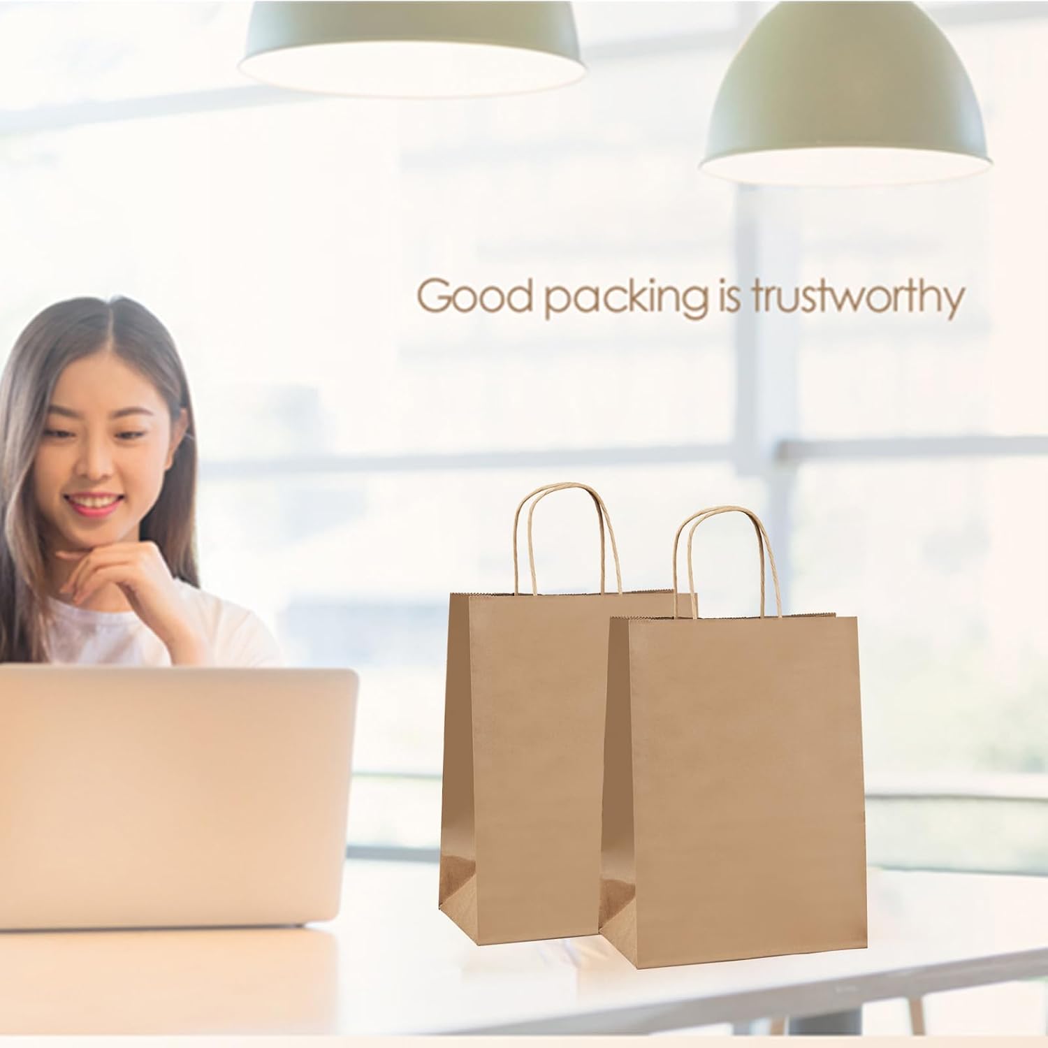 vanhel 100 Pack Brown Paper Bags with Handles,8x4.25x10.5 Inches,Gift Bags Medium Size,Gifts Bag Bulk for Festival,Birthday,Favor,Party,Shopping,Retail Merchandise.