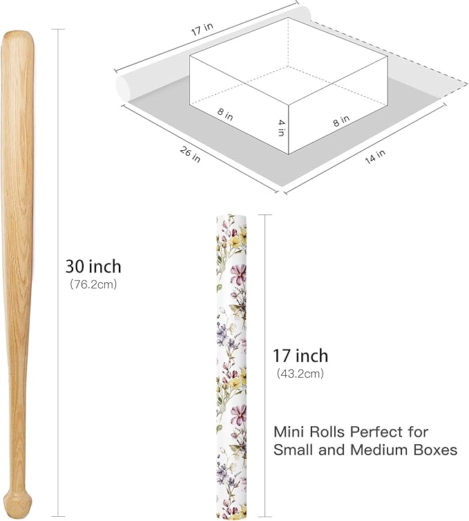 RUSPEPA Floral Wrapping Paper Roll Women Girls, Mini Roll, Watercolor Wild Flower with Delicate Leaf Gift Wrap Paper for Wedding, Birthday, Mother's Day, Spring, Bridal Shower, 17 Inch X 16.4 Feet