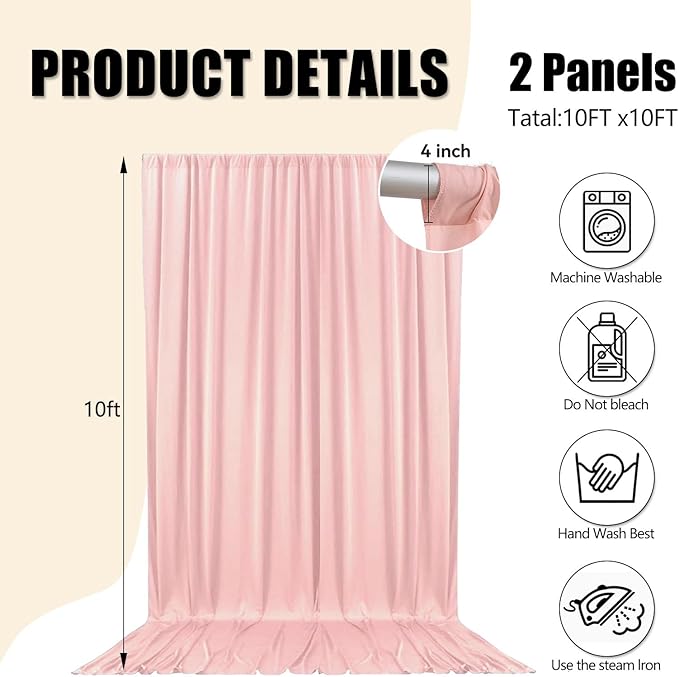 10ft x 10ft Ligt Pink Backdrop Curtains for Parties, Fabric Satin Background Curtain with Rod Pockets for Weddings, Birthday, Baby Shower, Photography, Graduation Party Backdrop Drapes, 2 Panels