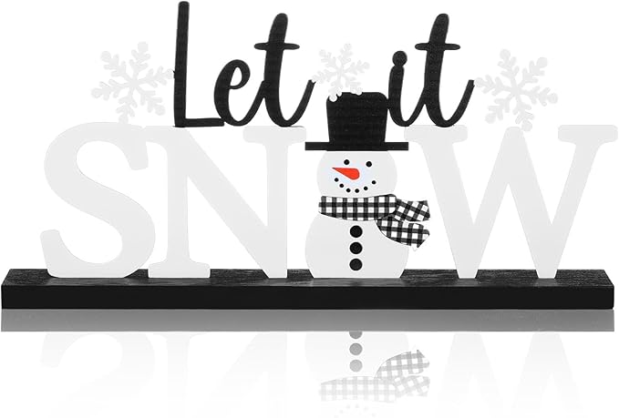 Winter Metal Sign Let It Snow Table Decor Christmas Tiered Tray Decor with Wooden Base Metal Black and White Snowman Snowflake for Xmas Home Tabletop Centerpiece Mantel Shelf Fireplace