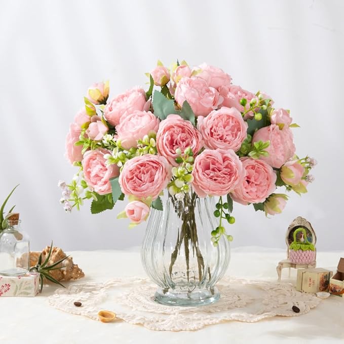 Artificial Peonies Silk Flowers in Glass Vase Faux Flowers Bouquets Modern Penoy Arrangement 4 Pack for Home Decoration Table Centerpiece (Pink)