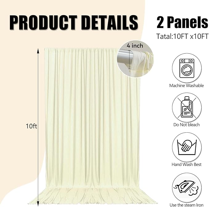 10ft x 10ft Ivory White Backdrop Curtains for Parties, Fabric Satin Background Curtain with Rod Pockets for Weddings, Birthday, Baby Shower, Photography, Graduation Party Backdrop Drapes, 2 Panels