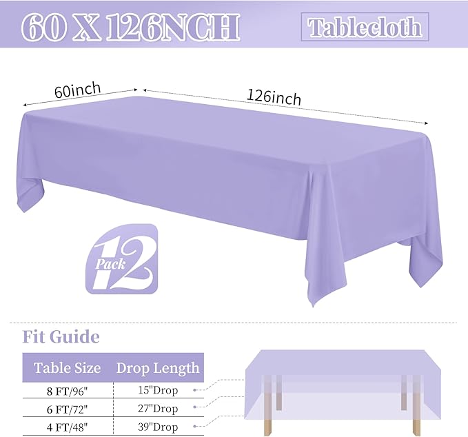 fani 12 Pack 60 x 126 Inch Rectangle Tablecloth Lavender Polyester Tablecloth for 8 Ft Rectangle Tables, Washable Fabric Table Cloth for Wedding Dining Table Buffet Parties Camping