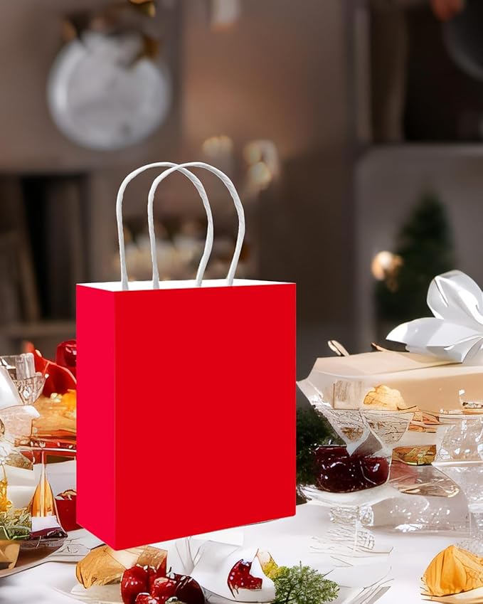 qiqee 50-Packs Gift Bag with Handles Bulk Red Paper Bags Multiple Uses (8.3"x3"x6" Small Size)