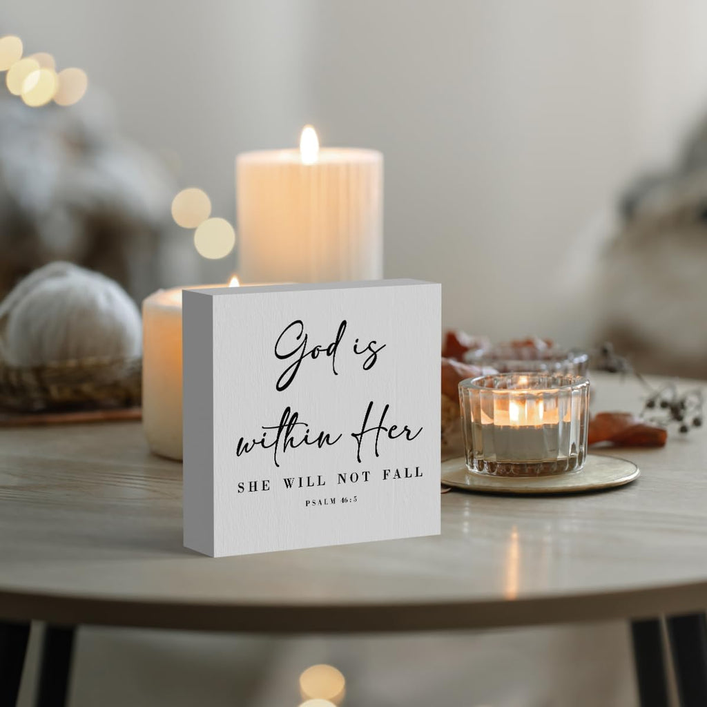 God Is Within Her Bible Verse Artwork Wooden Box Sign Rustic Farmhouse Style Psalm 46:5 Christian Wood Block Plaque 5 X 5 Inches Home Office Desk Sign Decor for Gifts