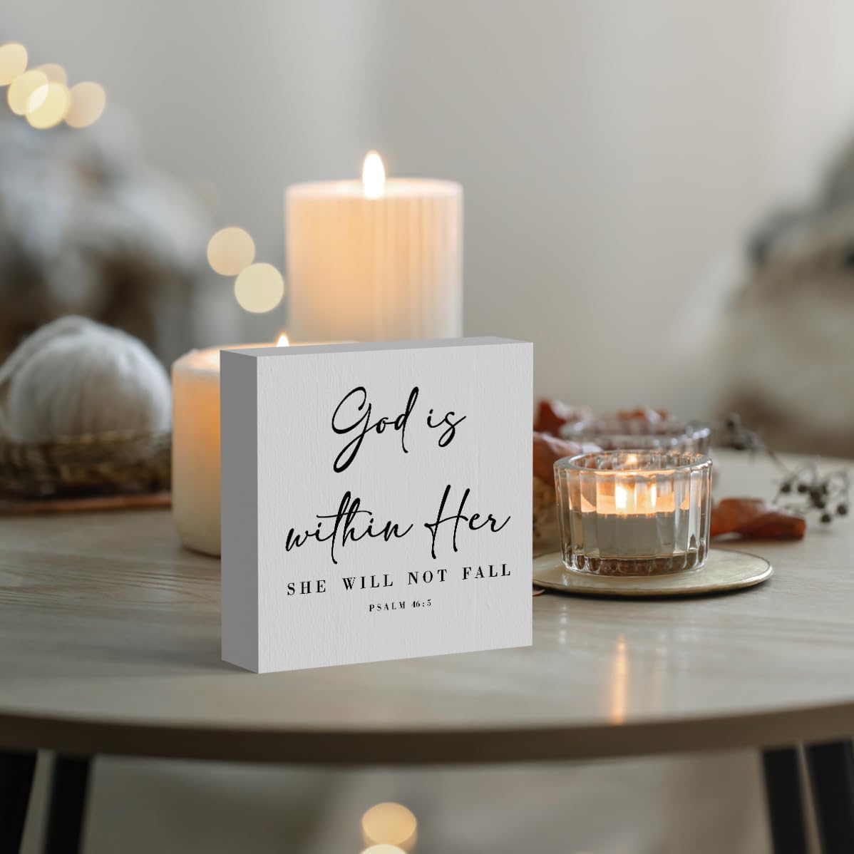 God Is Within Her Bible Verse Artwork Wooden Box Sign Rustic Farmhouse Style Psalm 46:5 Christian Wood Block Plaque 5 X 5 Inches Home Office Desk Sign Decor for Gifts