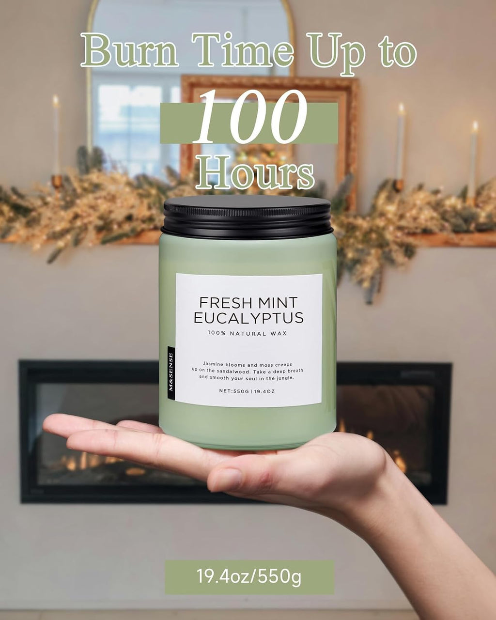 M&SENSE Eucalyptus & Mint Scented Jar Candle, Large 19.4oz Natural Soy Wax, 110-Hour Long Lasting Non-Toxic Clean Burning, Fresh Smelling Home Aromatherapy for Spa Stress Relief, Gifts for Men Women