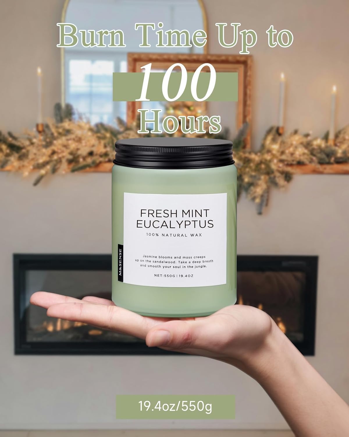 M&SENSE Eucalyptus & Mint Scented Jar Candle, Large 19.4oz Natural Soy Wax, 110-Hour Long Lasting Non-Toxic Clean Burning, Fresh Smelling Home Aromatherapy for Spa Stress Relief, Gifts for Men Women
