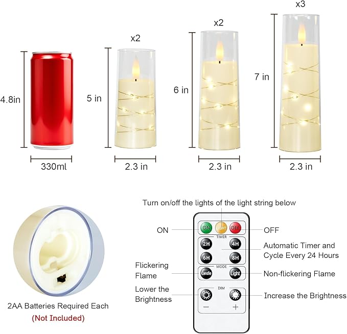 Raycare Flameless Candle with Remote Timer, 7 Flickering Acrylic Battery Operated LED Pillar Candles with Embedded Star String for Halloween, Home Decor, and as a Gift(Ivory)